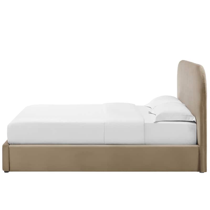 Hillsway Modern Curved Headboard Taupe Velvet Upholstered Queen Size Platform Bed