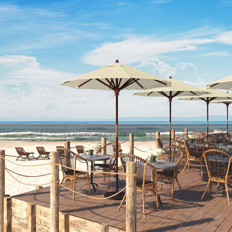 California Umbrella 7.5' Round Marenti Wood Frame Patio Umbrella with Pacifica Fabric, Base Not Included - Antique Beige