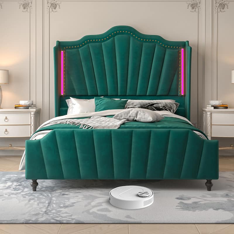 Moasis Queen Size Velvet Upholstered Platform Bed Frame with Wingback Headboard & LED Light - Green - Queen