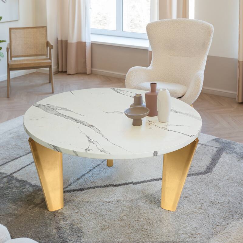 Modern Glam Round Coffee Table Golden Legs with White Faux Marble Veneer - 35.4" W x 17.7" H