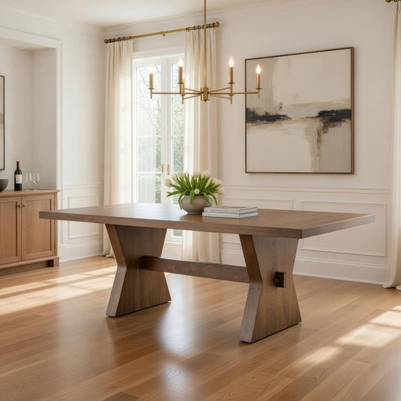 Zivy Dining Table, 78 Inch Modern Farmhouse Hourglass Oak Brown Wood