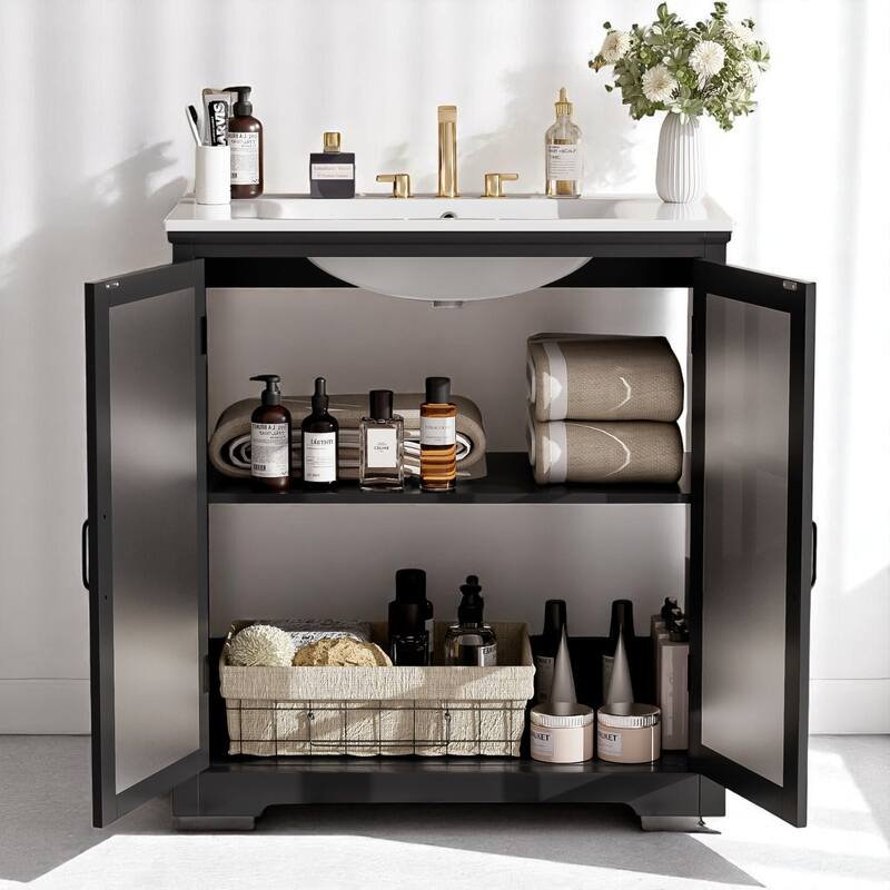 30" Bathroom Vanity with Ceramic Sink, Tempered Blurred Glass Doors,Adjustable Shelf, Freestanding Cabinet (Faucet Not Included)