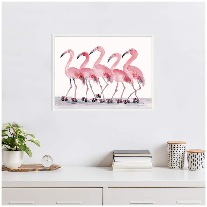 Kate and Laurel Sylvie Roller Skating Flamingos Framed Canvas by Patricia Shaw