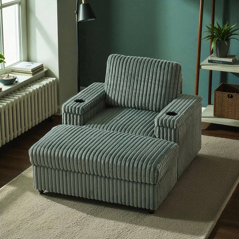 42.5" Corduroy Single Recliner Chair with Cup Holder, Storage Footrest, Armrest Storage and Backrest Pillow - Green