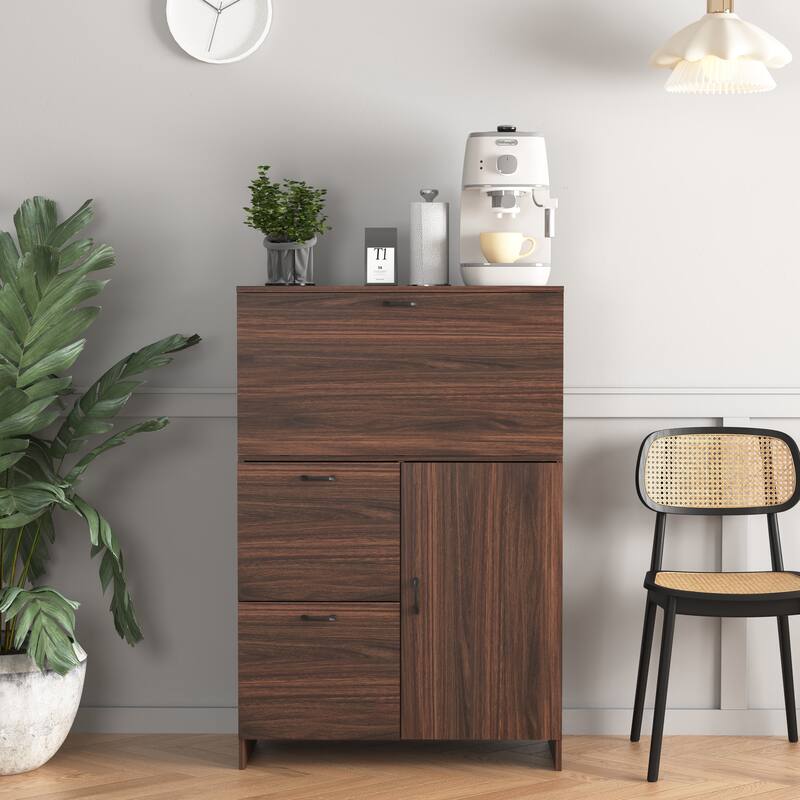 Foldable Desk Cabinet with Storage Drawer & Shelves, Space-Saving Wall Storage Cabinet Buffet Cabinet