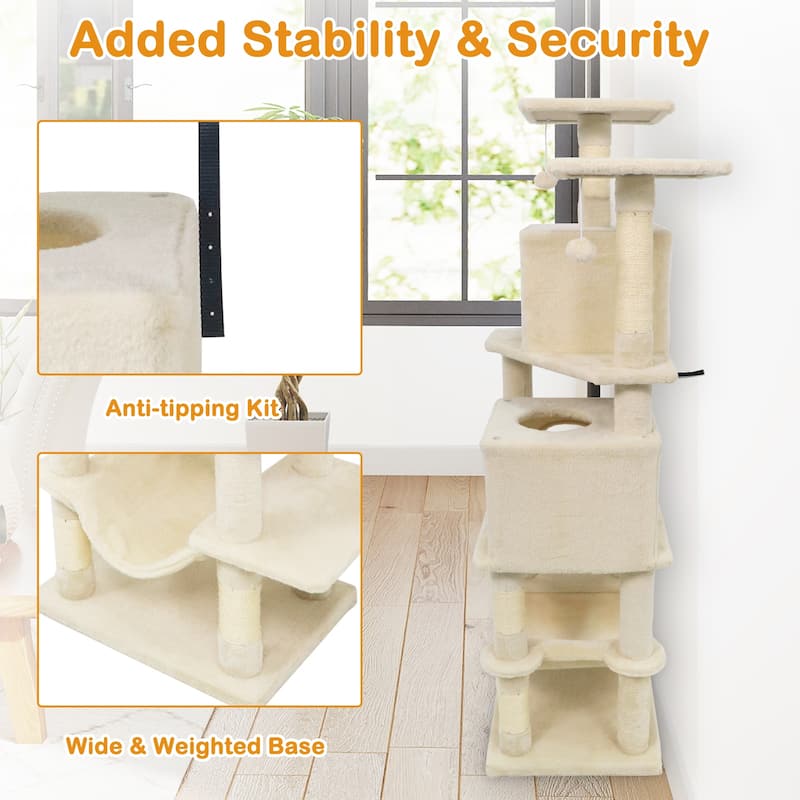 Gymax 57'' Cat Tree for Indoor Cats w/Dual Condos Hammock Sisal