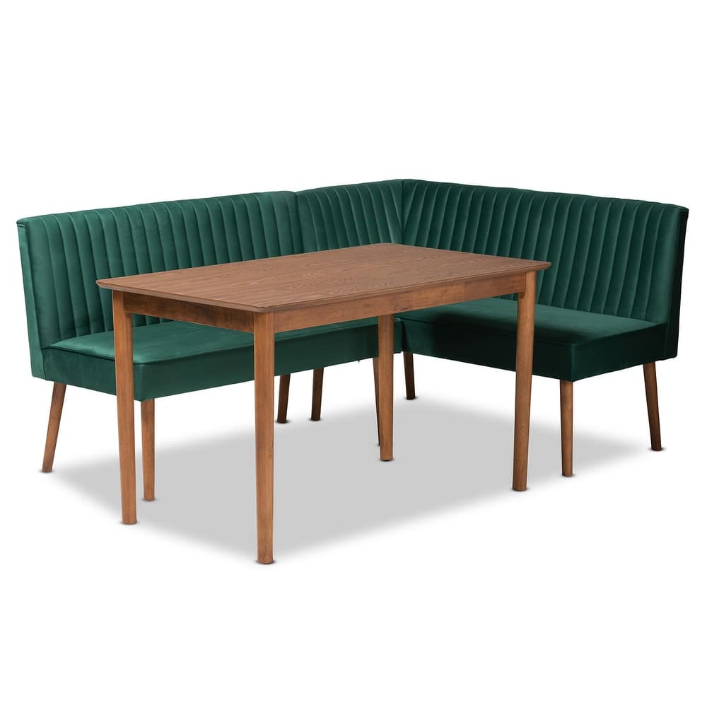 Alvis Mid-Century Emerald Green Velvet Upholstered Wood Dining Nook Set
