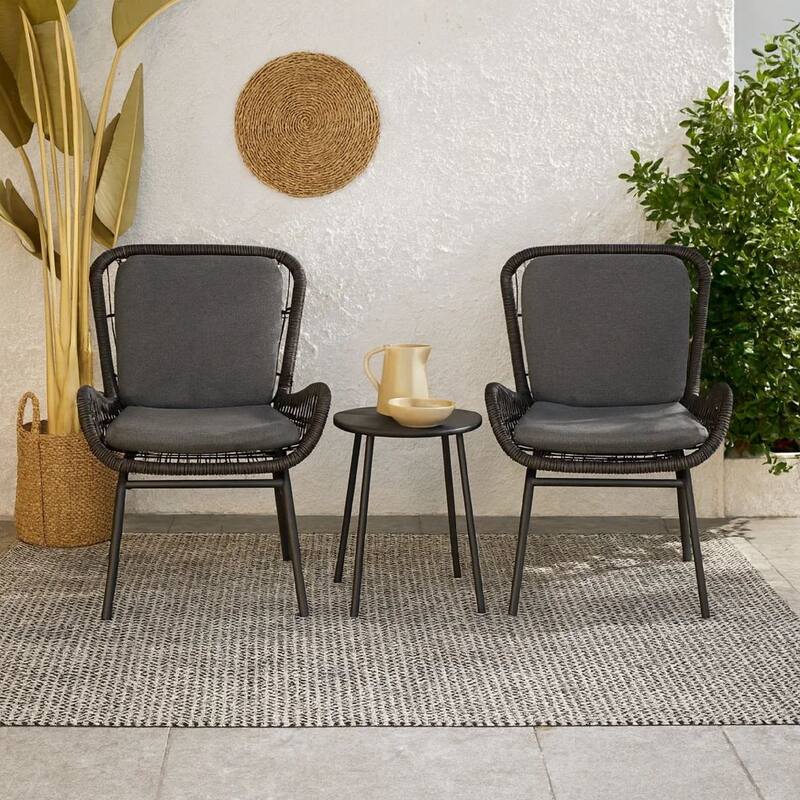Patio Accent Chair Set of 2, Open Wicker, Round Edge, Black Iron, Gray