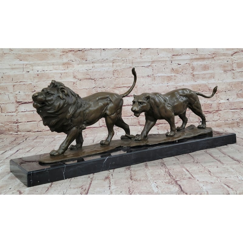 Male Female Imitative Lion Imitative Lions On The Prowl Bronze Sculpture Statue Signed Original Art