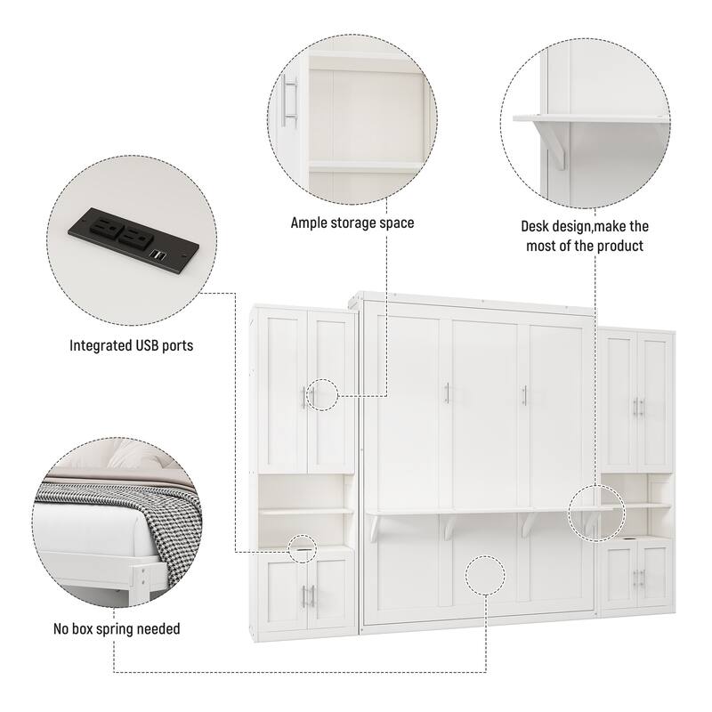 White Murphy Bed Desk Combo Chest Convertible Cabinet Bed Wall Bed Folding Space Saving Cube Bed Platform Low Profile Bed