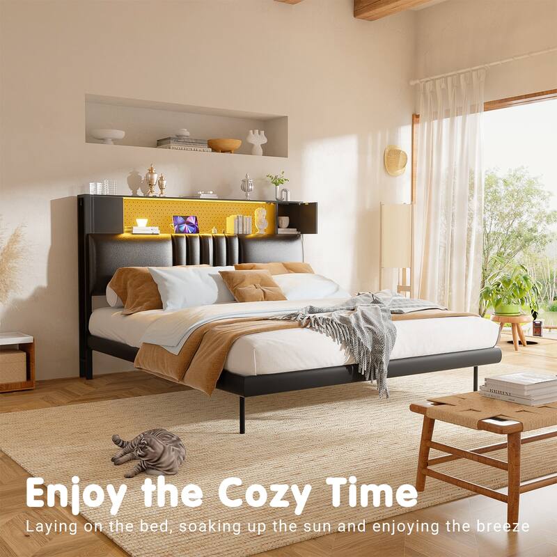 Upholstered Headboard with Storage Shelf and Small Cabinet, Headboard Power Outlet and LED Light