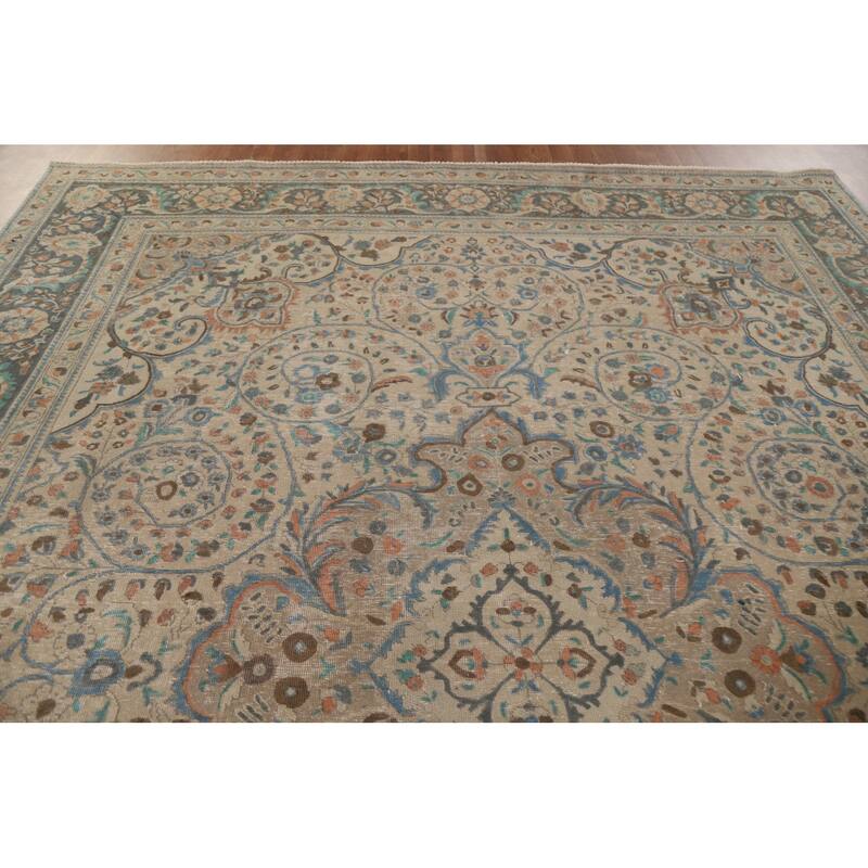 Hand Knotted Oriental 100% Wool Carpet Traditional Floral Beige & Ivories Tabriz Area Rug - 12' 3'' X 9' 8''