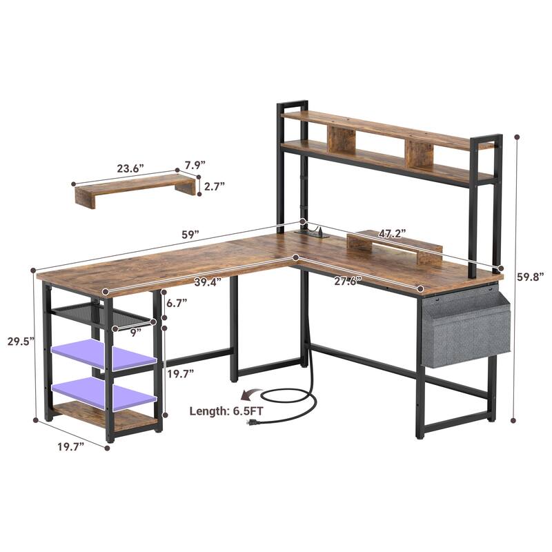 Reversible L-Shaped Desk with Storage Shelves and Hutch, Corner Desk with Charging Station and RGB LED Lights