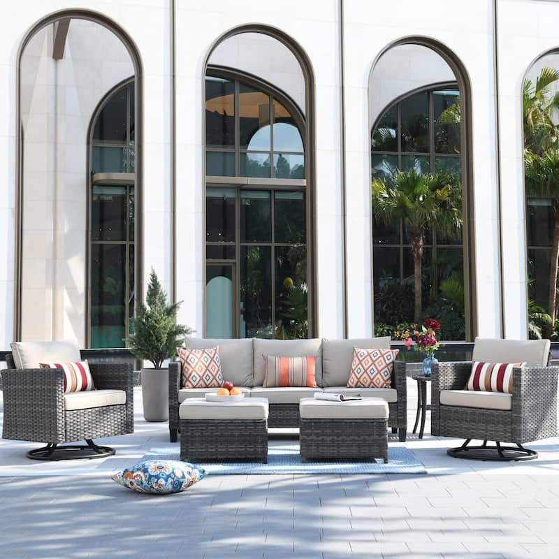 OVIOS 6-piece Patio Wicker Conversation Sofa Set with Swivel Rocking Chairs