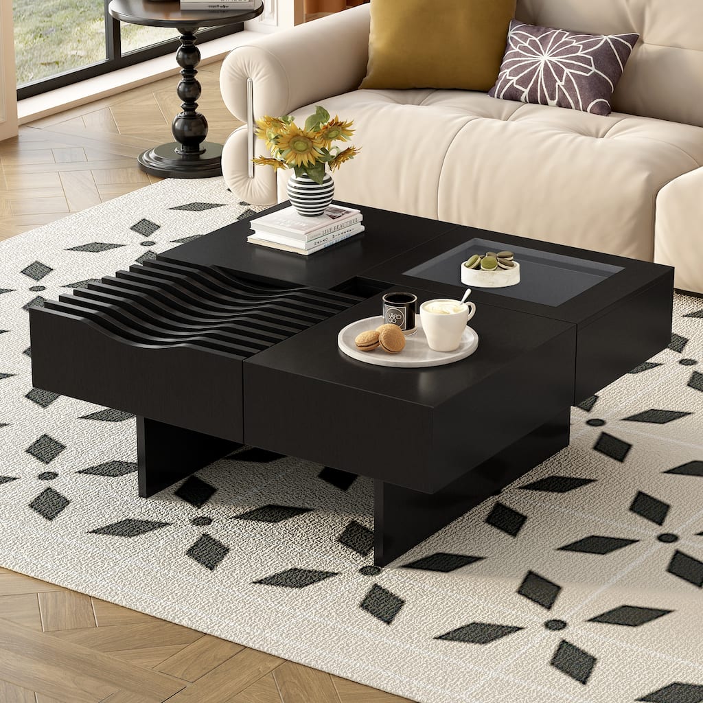 Mid-Century Modern Coffee Table Square Coffee Table with 3 Drawers and Tempered Glass Viewing Window, for Living Room
