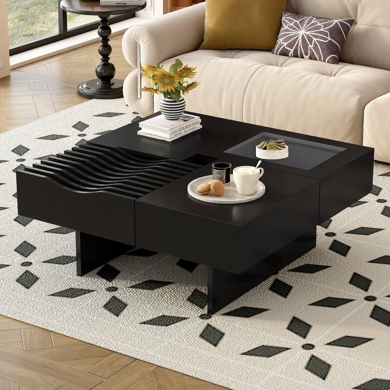 Mid-Century Modern Coffee Table Square Coffee Table with 3 Drawers and Tempered Glass Viewing Window, for Living Room - Black