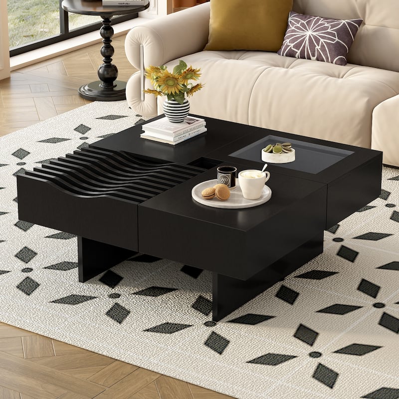 Roomfitters Square Mid-Century Coffee Table with Glass Top and 3 Storage Compartments, Solid Wood Legs - Black