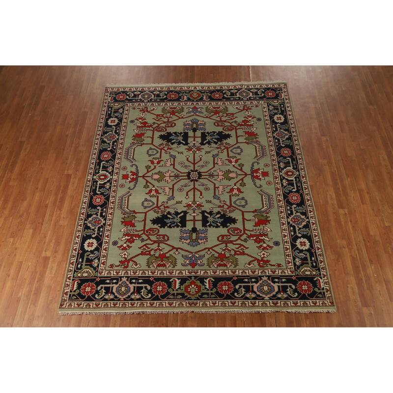 Hand Knotted Oriental 100% Wool Carpet Traditional Geometric Green Heriz (serapi) Area Rug - 9' 9'' X 7' 11''