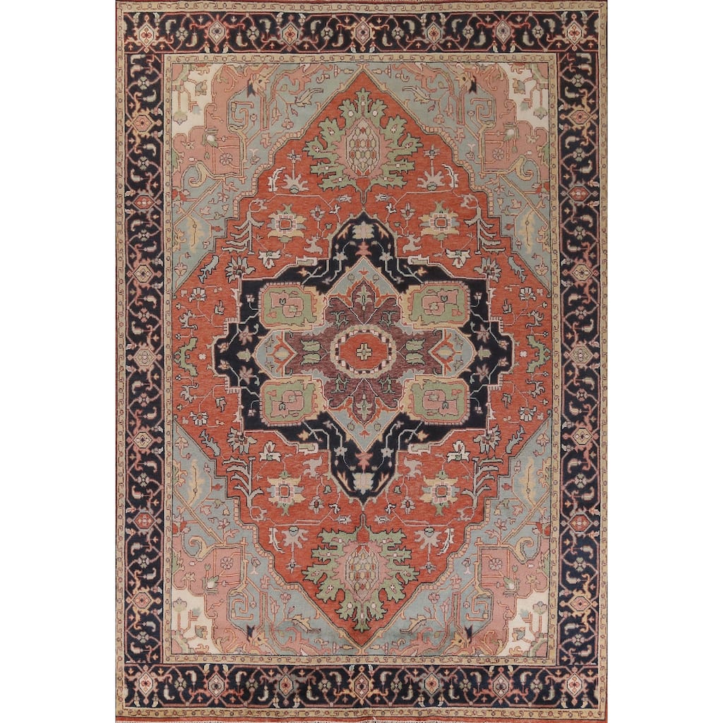 Geometric Heriz Serapi Area Rug Hand-Knotted Orange Wool Carpet - 9'11" x 13'3"