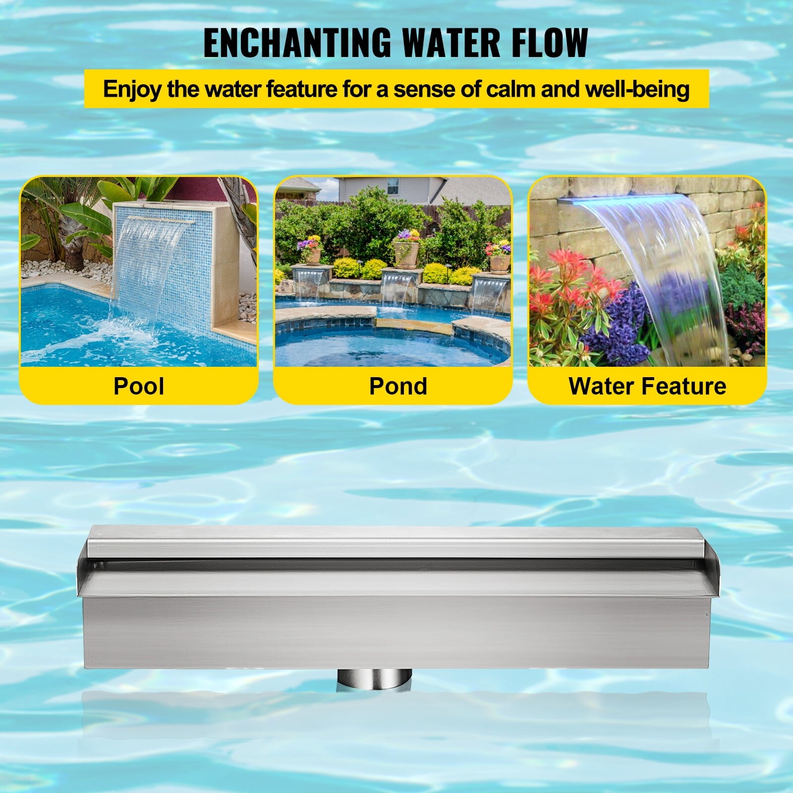 23.6"*4.7"*3.2" Stainless Steel Pool Waterfall, Illuminated Pool Fountain With LED Strip Light, Rectangular Spillway For Outdoor Gardens