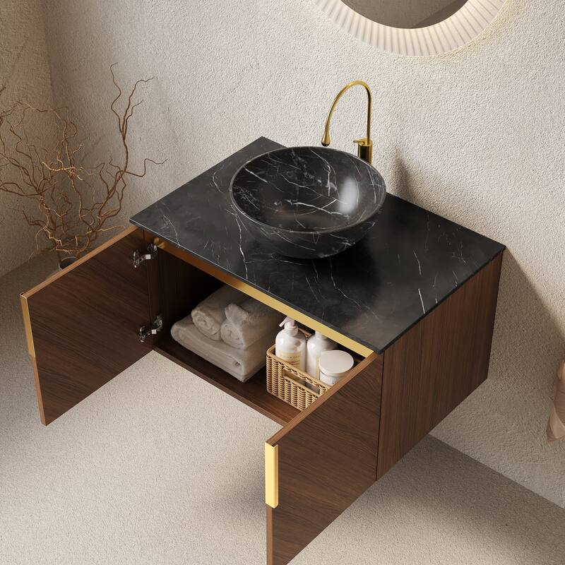 GDFStudio - Arai Modern 30" Floating Bathroom Vanity with Black Sintered Stone Countertop, Ceramic Basin & Double Doors