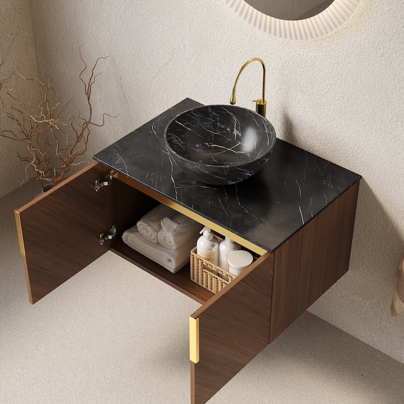 Wall-mounted Bathroom Vanity with Sink, Floating Storage Cabinet with Black Bowl Ceramic Basin and Sintered Stone Countertop