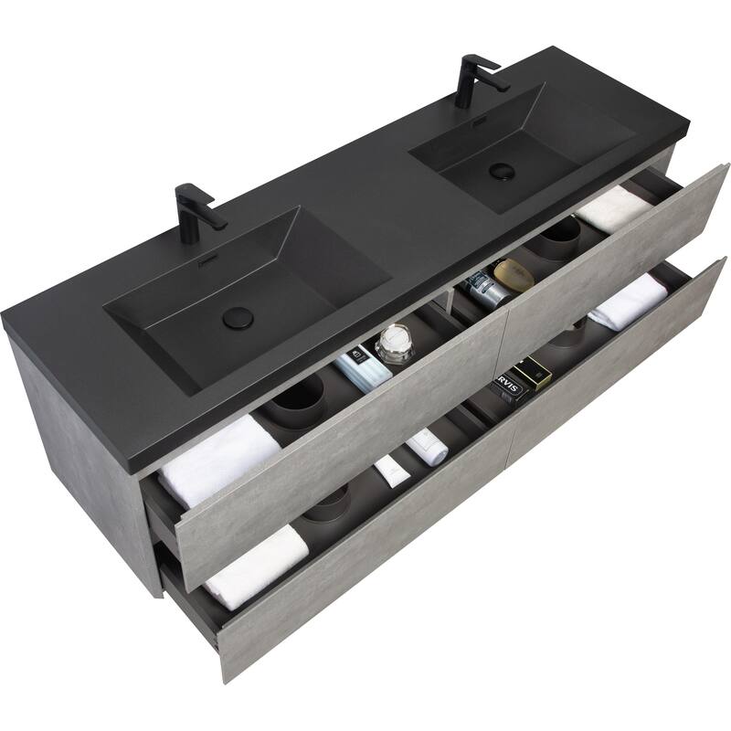 GDFStudio - Carter Floating Bathroom Vanity with Black Quartz Sand Countertops & Soft-Close Drawers