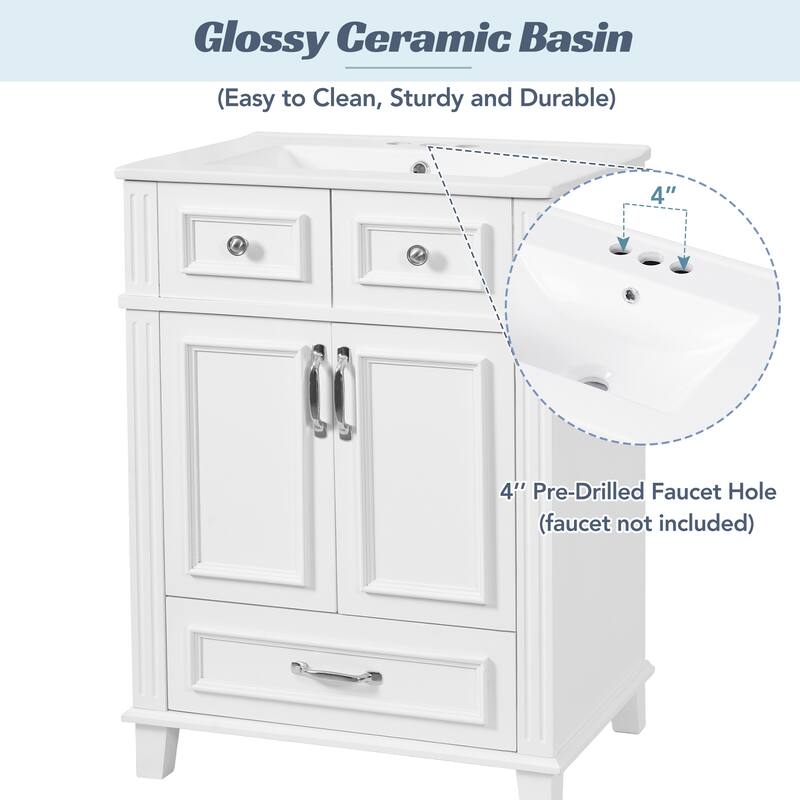 24" Bathroom Vanity with Ceramic Sink,Solid Wood Frame Bathroom Storage Cabinet with Soft Closing Doors,Retro Style