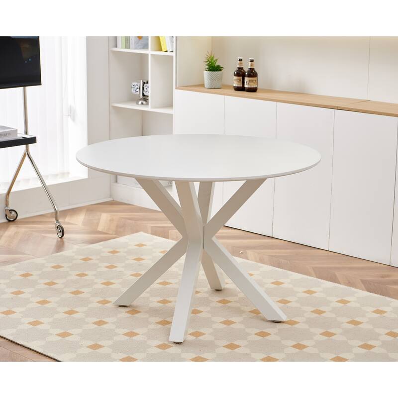 Round Dining Table for 4-6 People, Kitchen Dining Table with MDF Table Top & Metal Cross Legs, Mid-Century Leisure Coffee Table - White