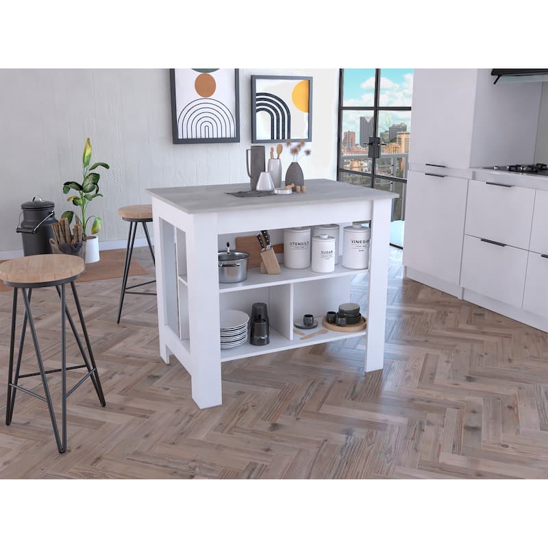 Kitchen Island with Four Legs, Three Shelves - White