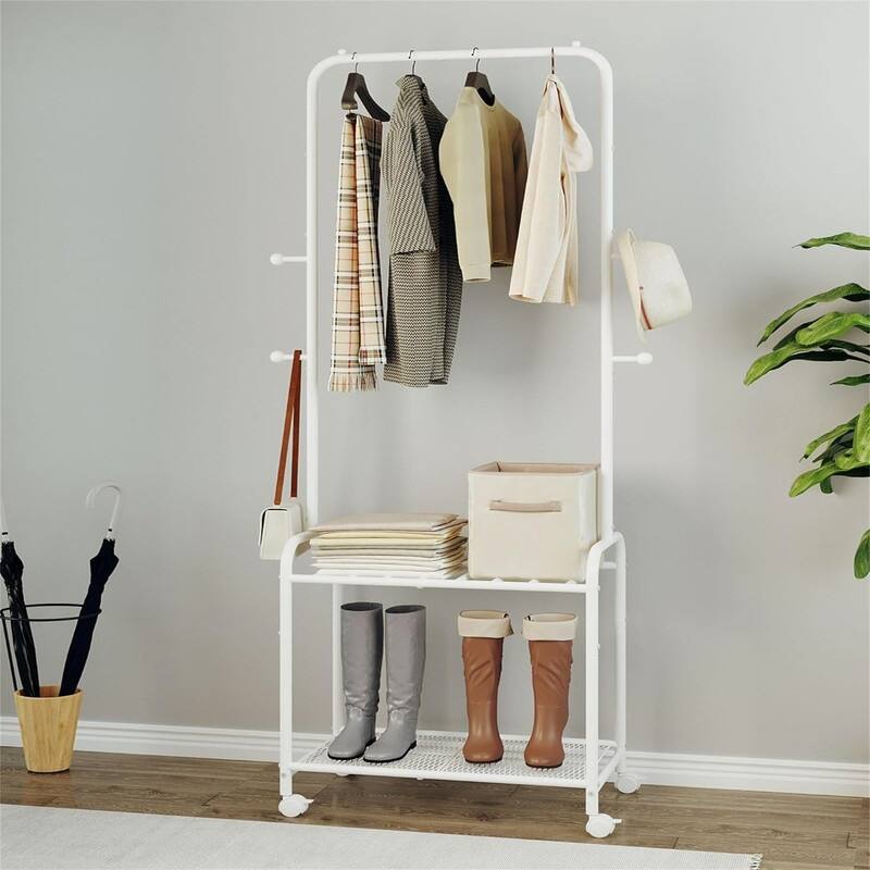 Garment Rack with 2 Tier Storage Shelf - 23.6"D x 13.7"W x 70.8"H - White