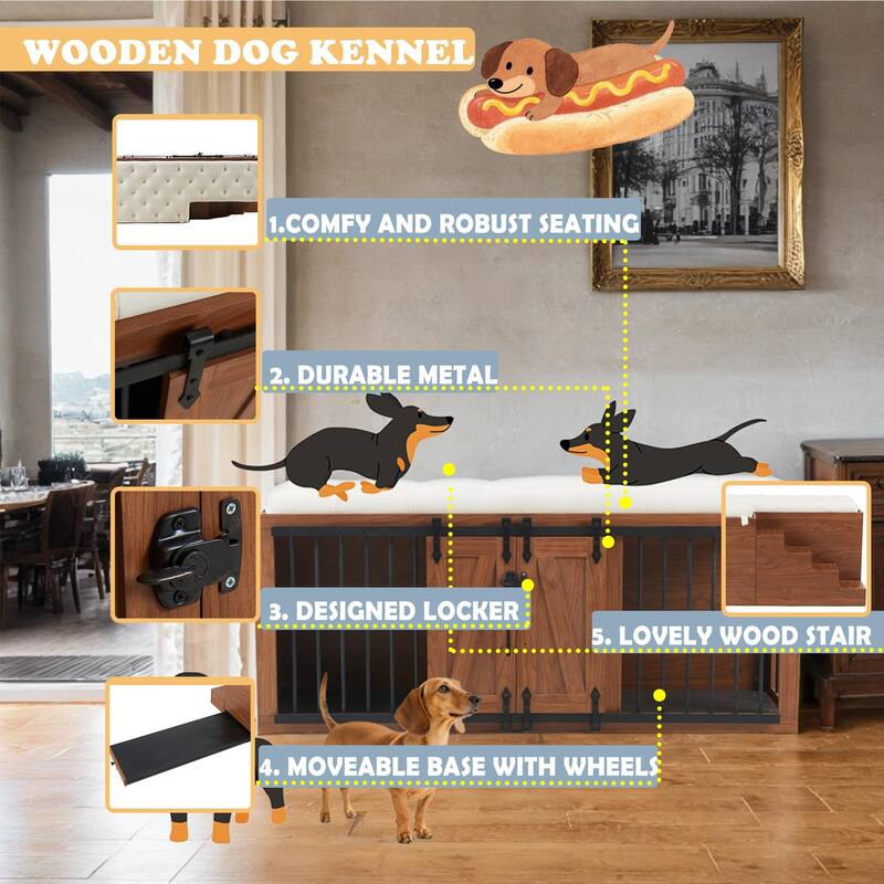 56"L, Furniture Style 2 in 1 Dog Crate with Padded Seat, Sliding Barn Door, Luxury Wooden Dog Kennel