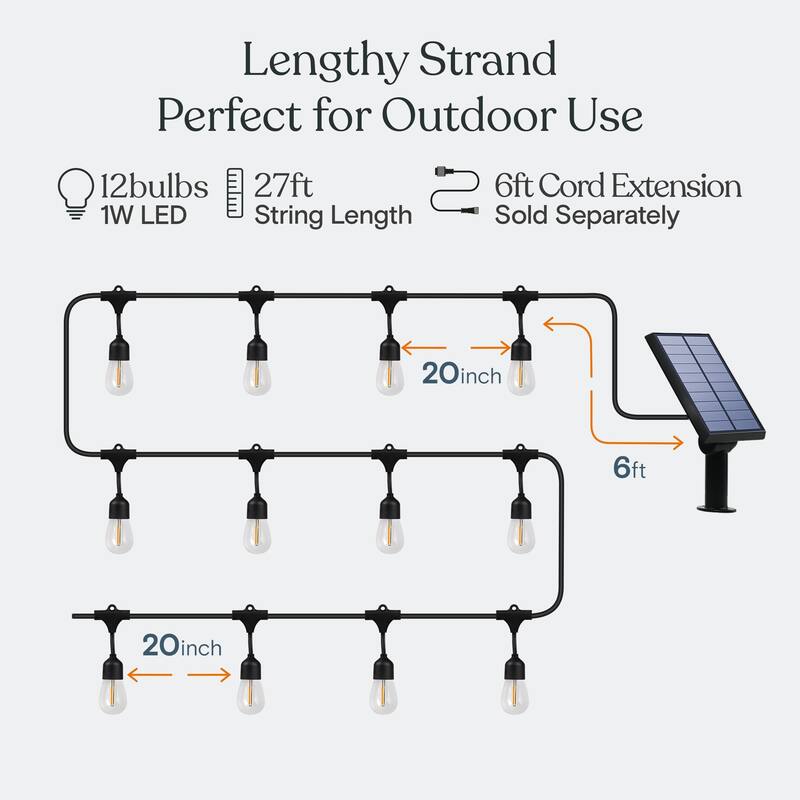 Brightech Ambience Pro 12-Light 27 ft. Outdoor Solar 1W 3000k LED S14 Hanging Remote Control Edison Bulb String-Light