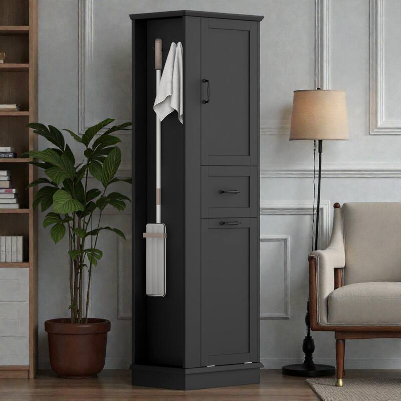 Modern Tall Bathroom Storage Cabinet with Tilt Out Laundry Compartment, Adjustable Shelves, Soft Close Doors - Black