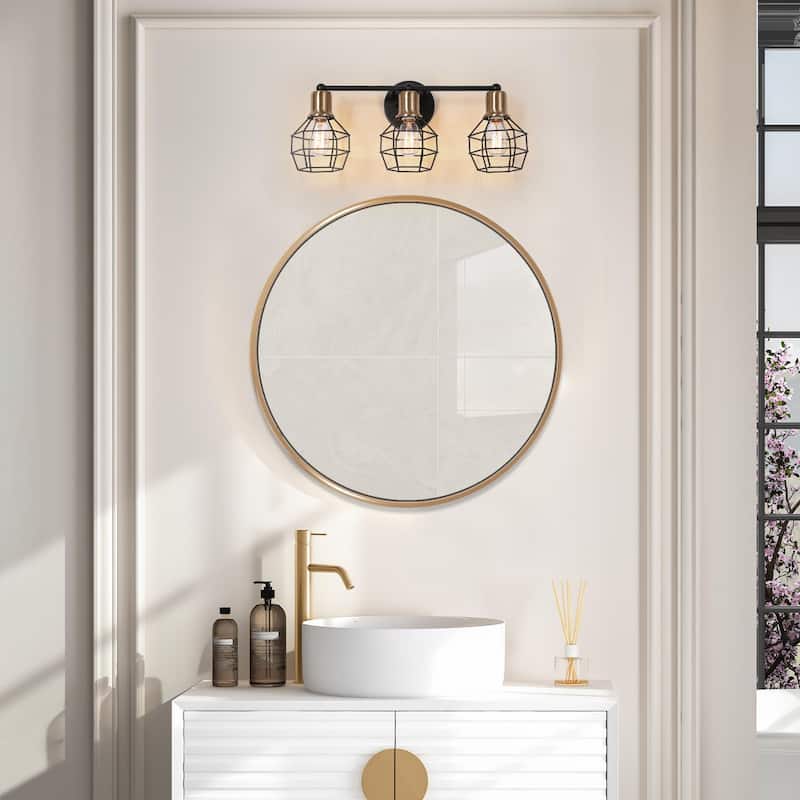 Modern 3-Light Gold Black Dimmable Lantern Cage Bathroom Vanity Lights Reversible Sconces - Black & Gold - L 21"x W 6.5"x H 9.5"