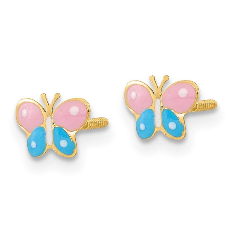 Curata 14kYellow Gold Pink/Blue Enamel Butterfly Screw back Post Earrings 5x7mm