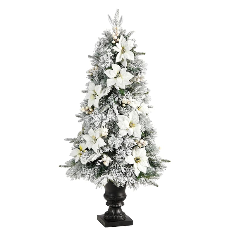 4ft. Flocked Artificial Christmas Tree with 223 Branches & 100 Warm Lights in Decorative Urn - Snowy Holiday X-Mas Glow