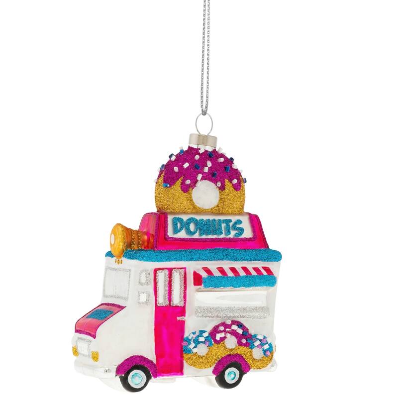 4.75" Gliitered Donut Truck Glass Christmas Ornament