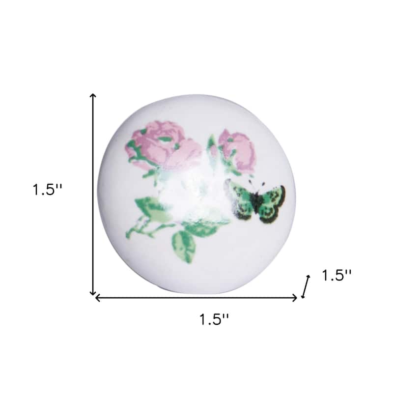 HomeRoots Set of Twelve Pink White And Green Floral Ceramic Drawer Pull Knobs - 1.5" x 1.5" x 1.5"