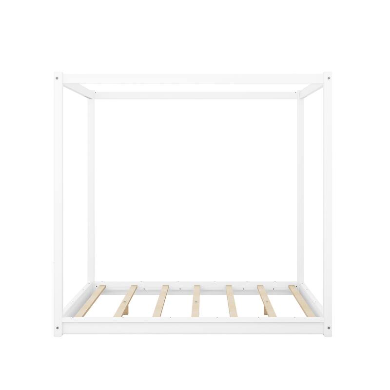 Queen Size Canopy Platform Bed with Support Legs in White, Sturdy Pine Wood and MDF Design