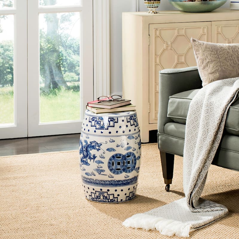 SAFAVIEH Tonje Dragon'S Breath Chinoiserie Blue Ceramic Decorative Garden Stool - Blue