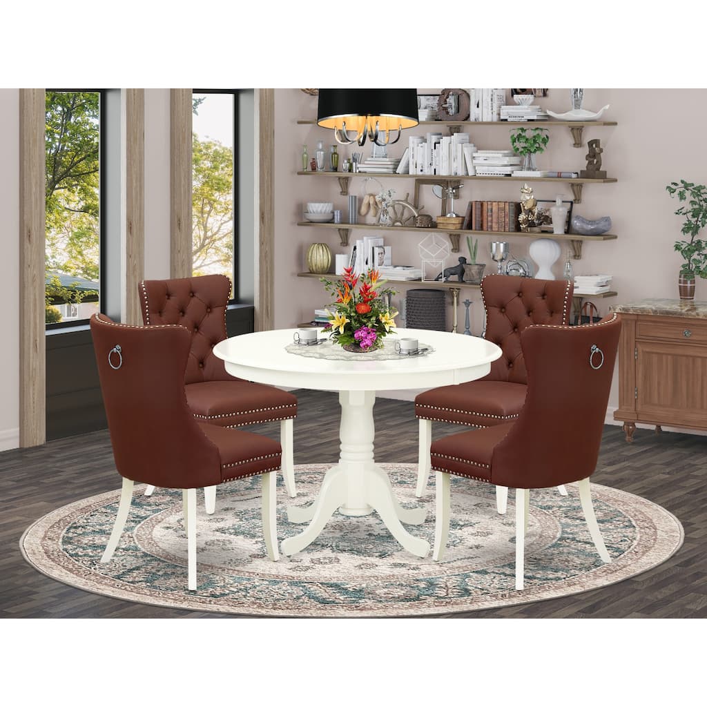 East West Furniture Dining Set Includes a Round Kitchen Table and Upholstered Parson Chairs, Linen White (Pieces Options)