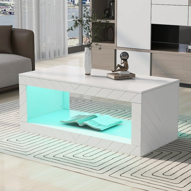 High Glossy LED Coffee Table with Colorful Lights & Storage Space - White