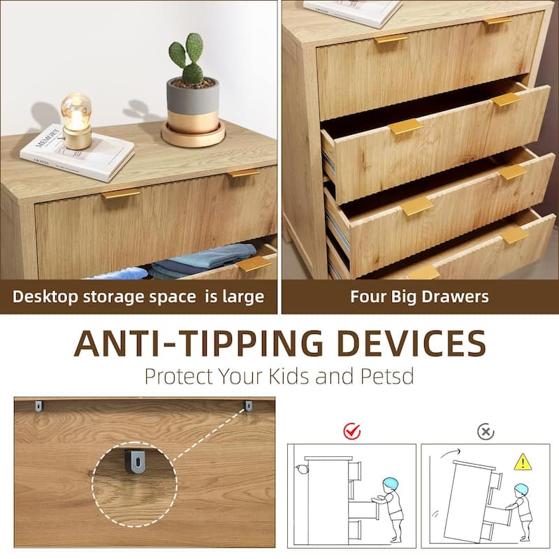4 Drawer Fluted Dresser for Bedroom, Modern Wood Chest with Gold Handles, Narrow Storage Cabinet or TV Stand