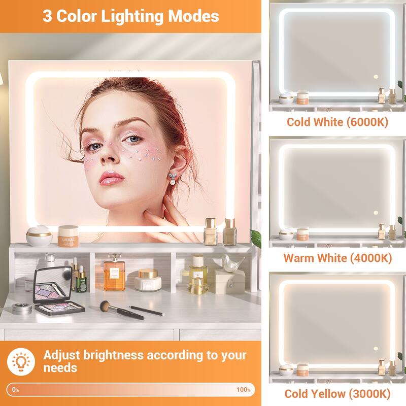 Makeup Vanity Desk with Drawers and Adjustable Lighting Mirror, Vanity Table with Charging Station and Shelves