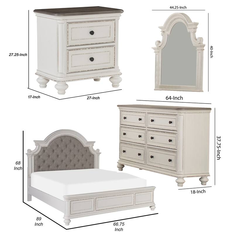 Anik 4 Pc Queen Size Bedroom Set, Button Tufted, Antique White, Traditional