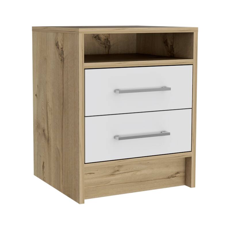 TUHOME Eter 2-Drawer Nightstand End Table with Metal Handles and Open Shelf - Light Oak, White