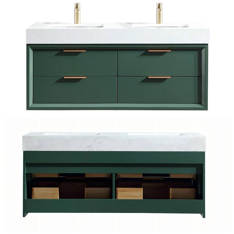 36/48/60 Modern LED Floating Bathroom Vanity with Single/Double Sink & Soft-Close Drawers & Waterproof, Green