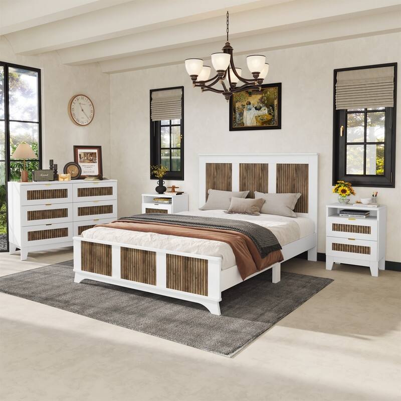 4-Pieces Bedroom Sets, Full/Queen Size Platform Bed with Wooden Strip Decoration, 2 Storage Nightstands and Dresser - White - Queen