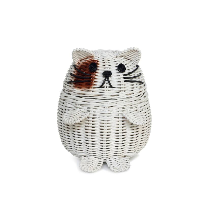 Cat Rattan Storage Basket with Lid Decorative Bin Home Decor Hand Woven Shelf Organizer Cute Handmade Handcrafted Gift Artwork